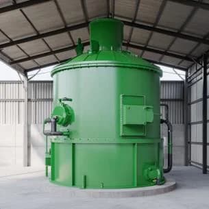 Carbonizador cilíndrico verde instalado bajo galpón industrial